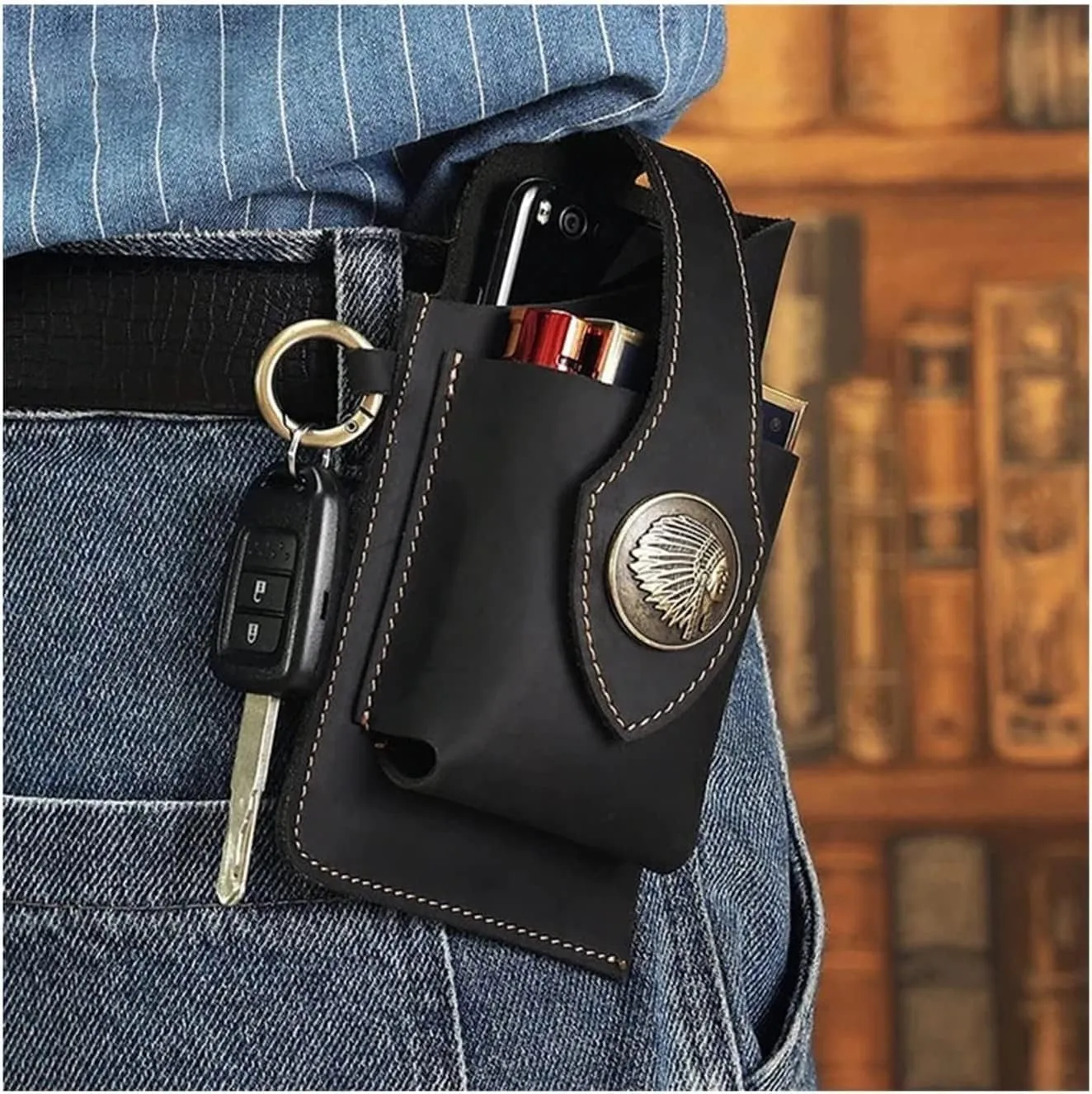 Multifunctional Leather Mobile Phone Bag, Large Capacity Men's Cell Phone Waist Bag, Casual Belt Bag Phone Pouches with Belt Loop, Belt Phone Pouches Holder for Most Phones (Black)