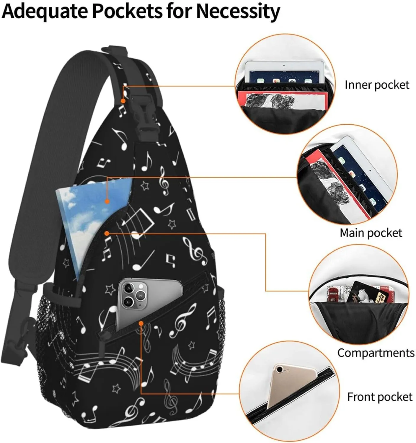 Music Notes Stars Crossbody Bag Cross Chest Bag Adjustable Sling Backpack Sports Gym Shoulder Bags Travel Cycling Daypack Diagonally Casual Rucksack