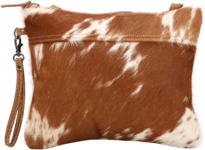 Myra Bag Ivory & Drab Upcycled Leather & Cowhide Wristlet Pouch Bag S-1491