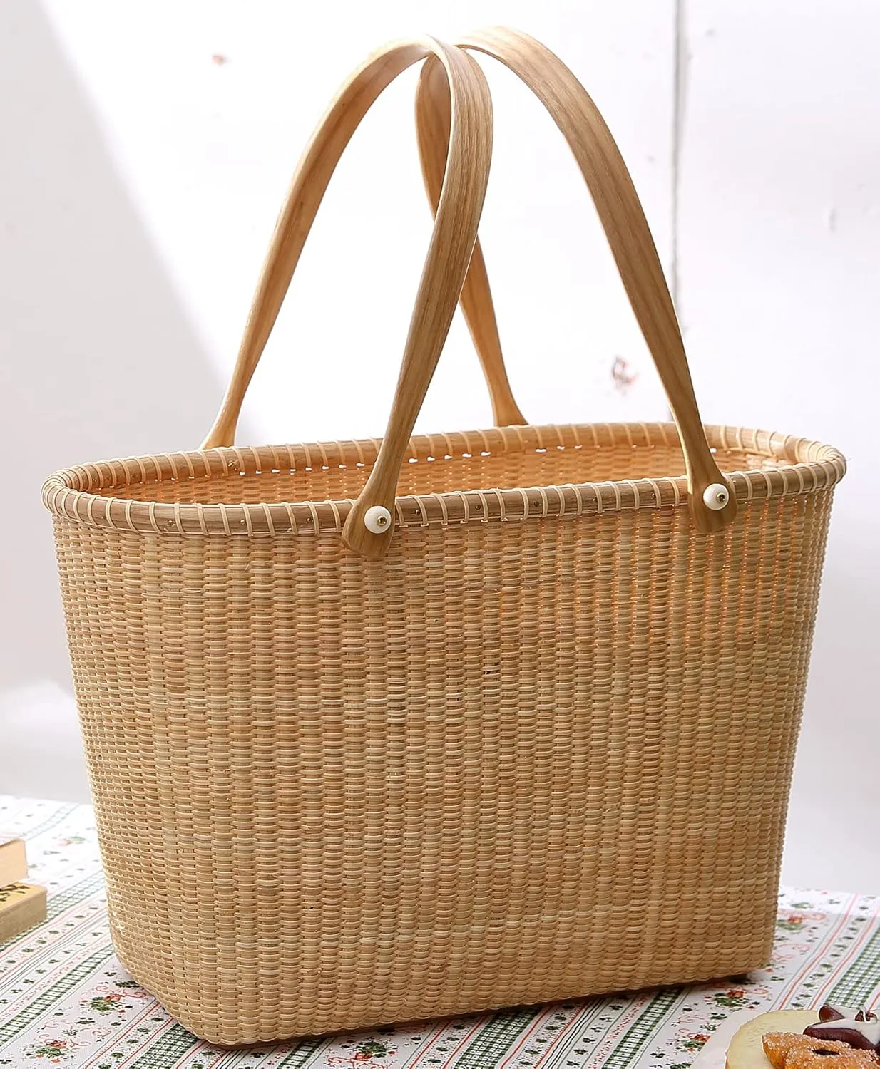 Nantucket Tall Tote Office Handbag with Handle - Cane-on-cane Weave, Picnic Basket, Large Capacity for Women, Top Handle, Home & Outdoor Storage