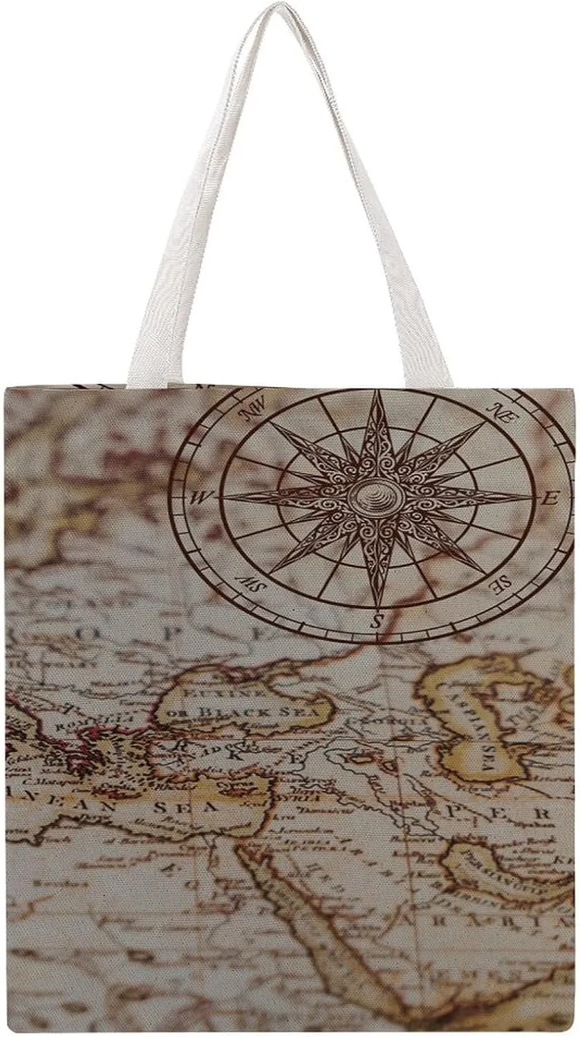 Nautical Sea Map Compass Sailing Ship Canvas Tote Bag for Women Girl Canvas Shoulder Handbags Cute Large Purse