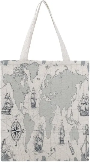 Nautical Sea Map Compass Sailing Ship Canvas Tote Bag for Women Girl Canvas Shoulder Handbags Cute Large Purse
