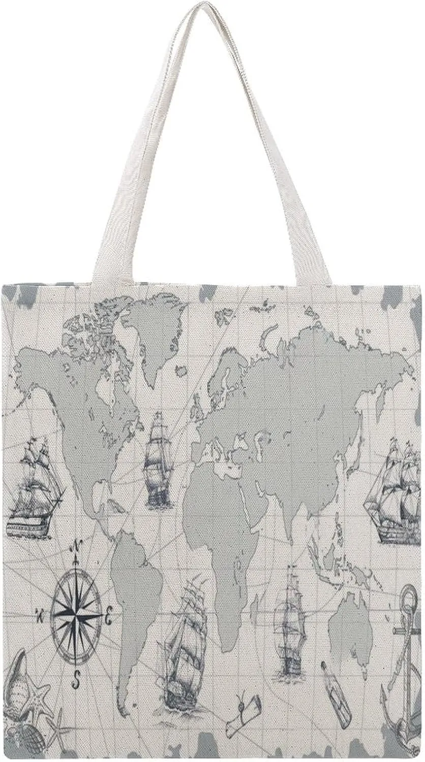 Nautical Sea Map Compass Sailing Ship Canvas Tote Bag for Women Girl Canvas Shoulder Handbags Cute Large Purse