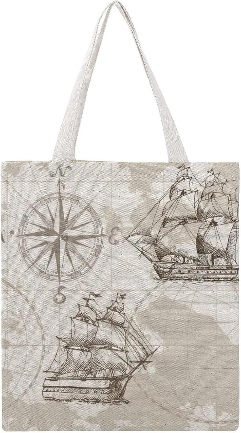 Nautical Sea Map Compass Sailing Ship Canvas Tote Bag for Women Girl Canvas Shoulder Handbags Cute Large Purse