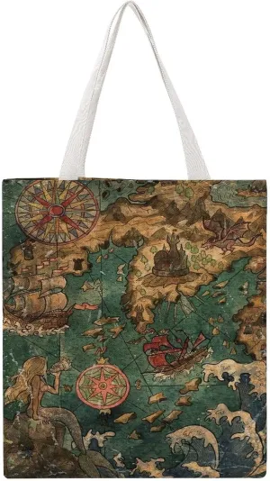 Nautical Sea Map Compass Sailing Ship Canvas Tote Bag for Women Girl Canvas Shoulder Handbags Cute Large Purse