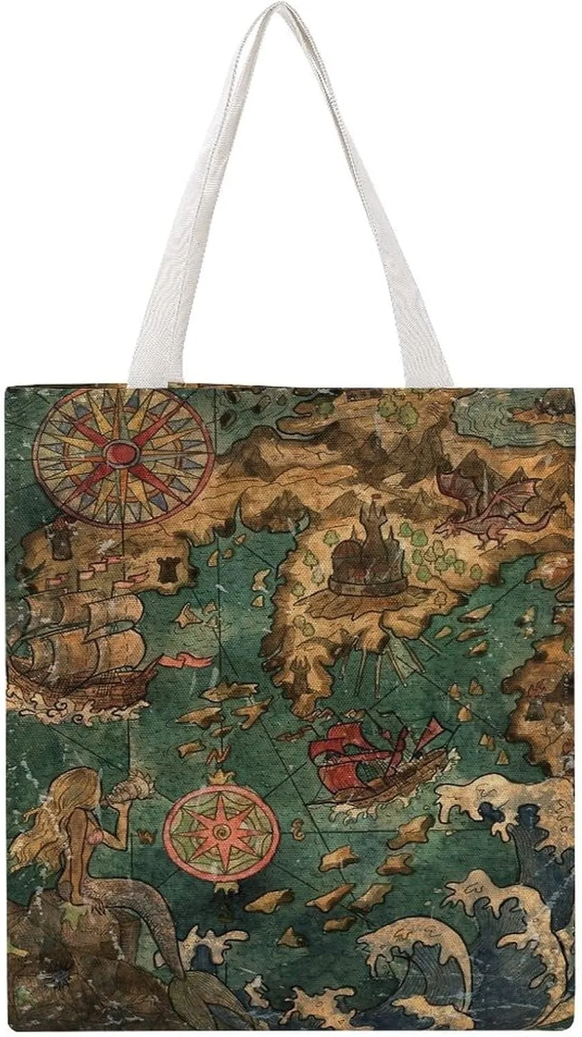 Nautical Sea Map Compass Sailing Ship Canvas Tote Bag for Women Girl Canvas Shoulder Handbags Cute Large Purse