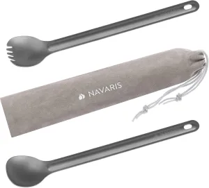 Navaris Long Handle Titanium Spork and Spoon - 8.4" (21.5cm) Long Metal Cutlery Set for Backpacking and Camping - Strong Lightweight - Includes Bag