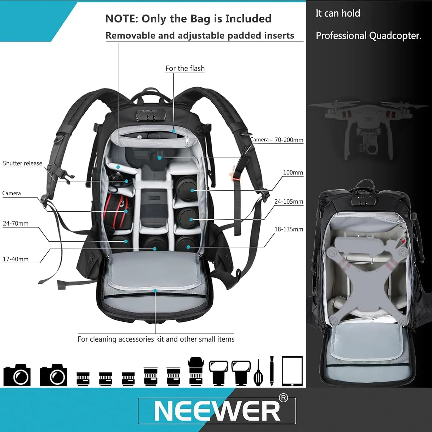 Neewer Pro Camera Case Waterproof Shockproof Adjustable Padded Camera Backpack Bag with Anti Theft Lock for DSLR, Compatible with DJI Phantom 1 2 3 Drone Tripods Flash Lens Accessories