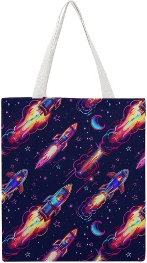 Neon Rocket Launch Canvas Tote Bags Portable Shopping Grocery Bag Shoulder Handbag with Handles
