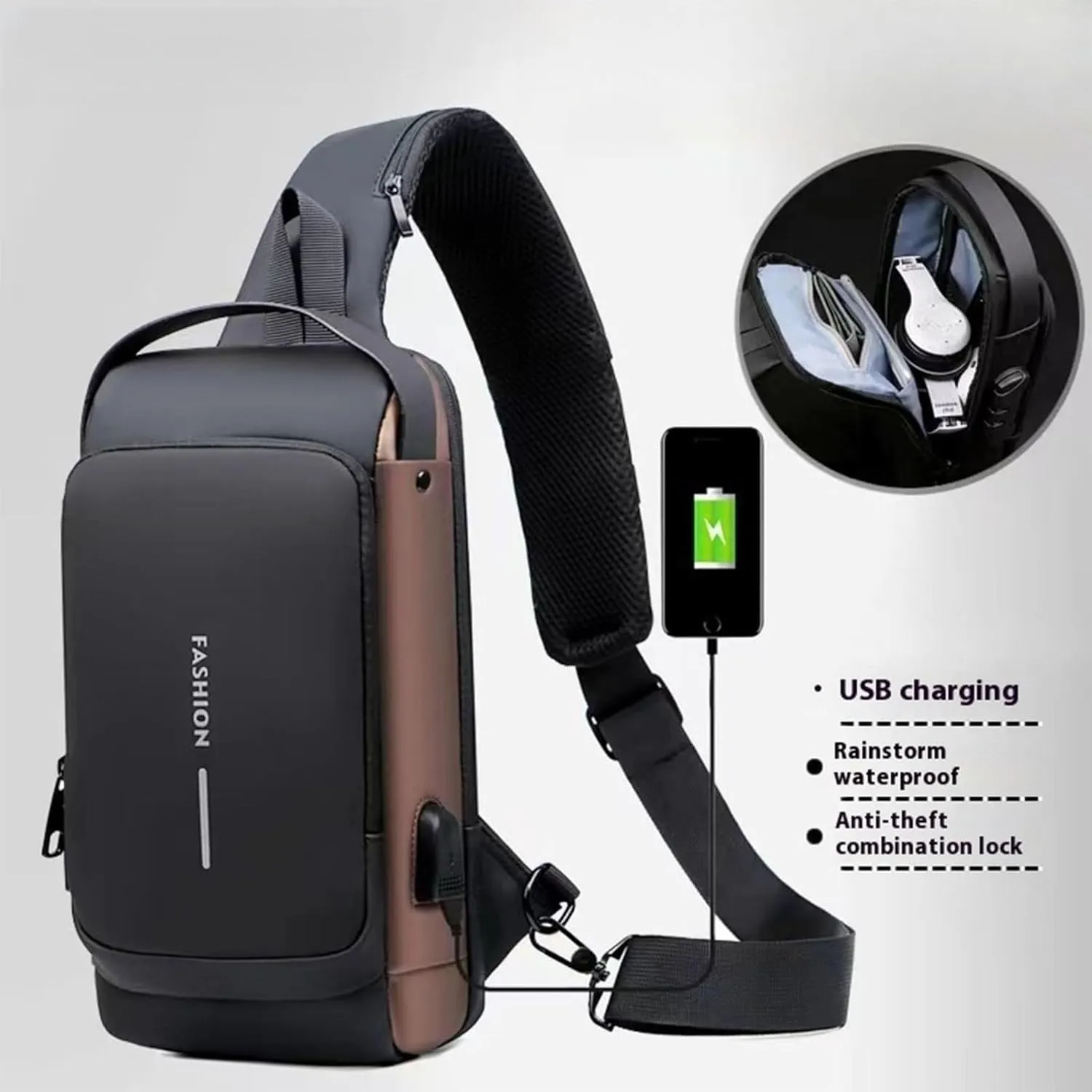 New Carbon Fiber Streamline Anti-Theft Sling Bag,USB charging port Sport Waterproof Shoulder Bag, for Daily Trips, Commutes (Black)