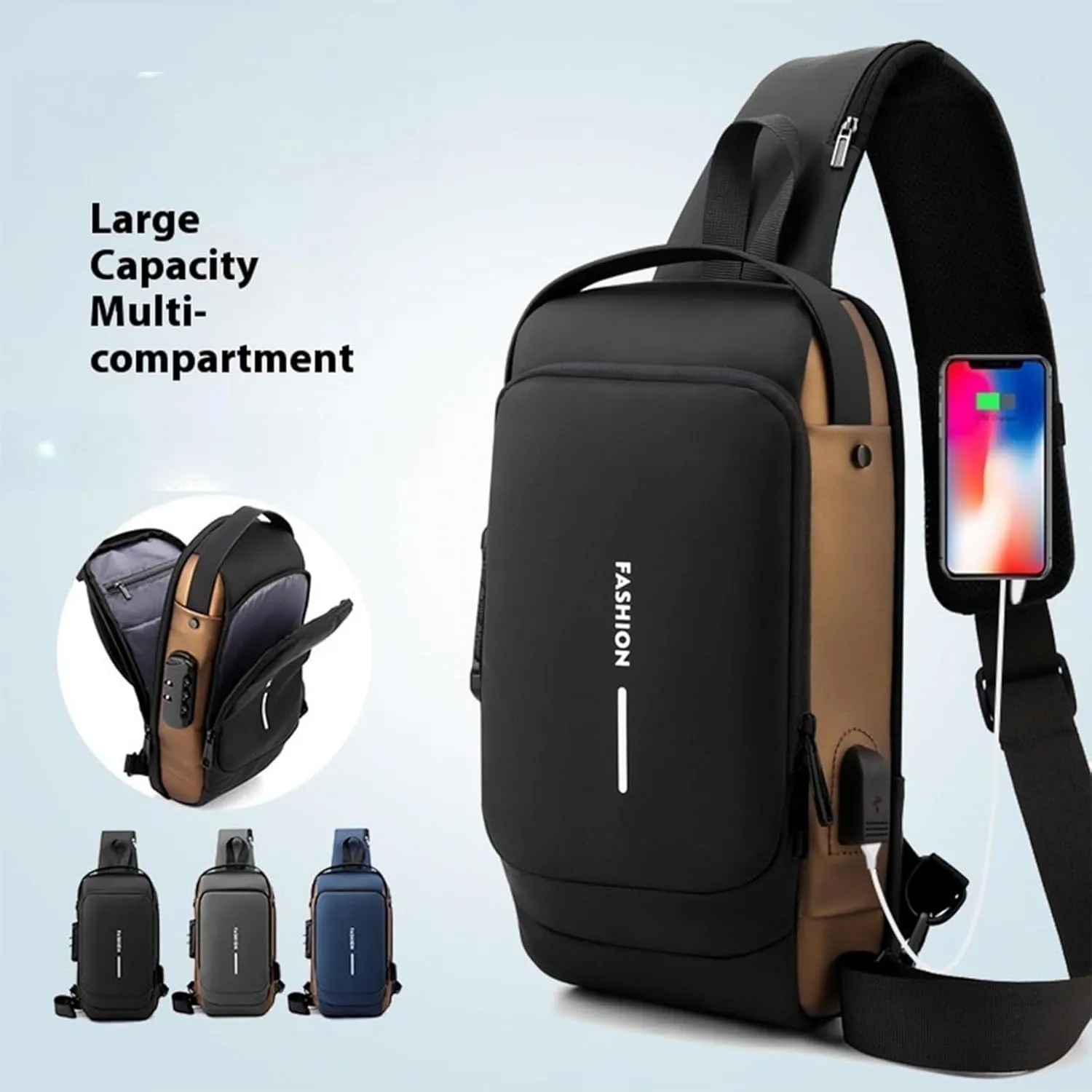 New Carbon Fiber Streamline Anti-Theft Sling Bag,USB charging port Sport Waterproof Shoulder Bag, for Daily Trips, Commutes (Black)