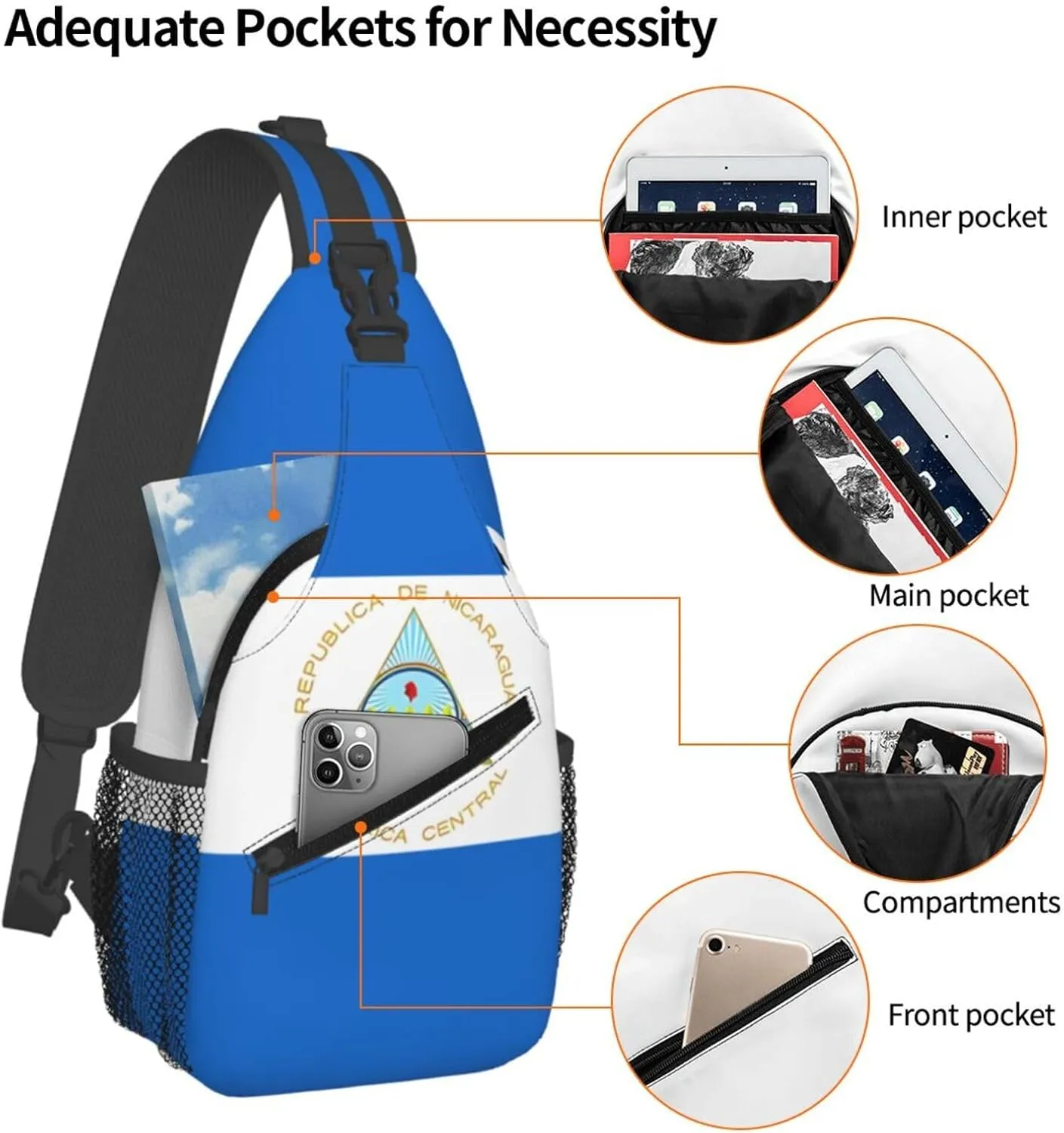 Nicaragua Flag Crossbody Bags Sling Backpack Cross Chest Bag Sports Shoulder Bag Gym Fanny Pack Adjustable Cycling Daypack Diagonally Rucksack for Running