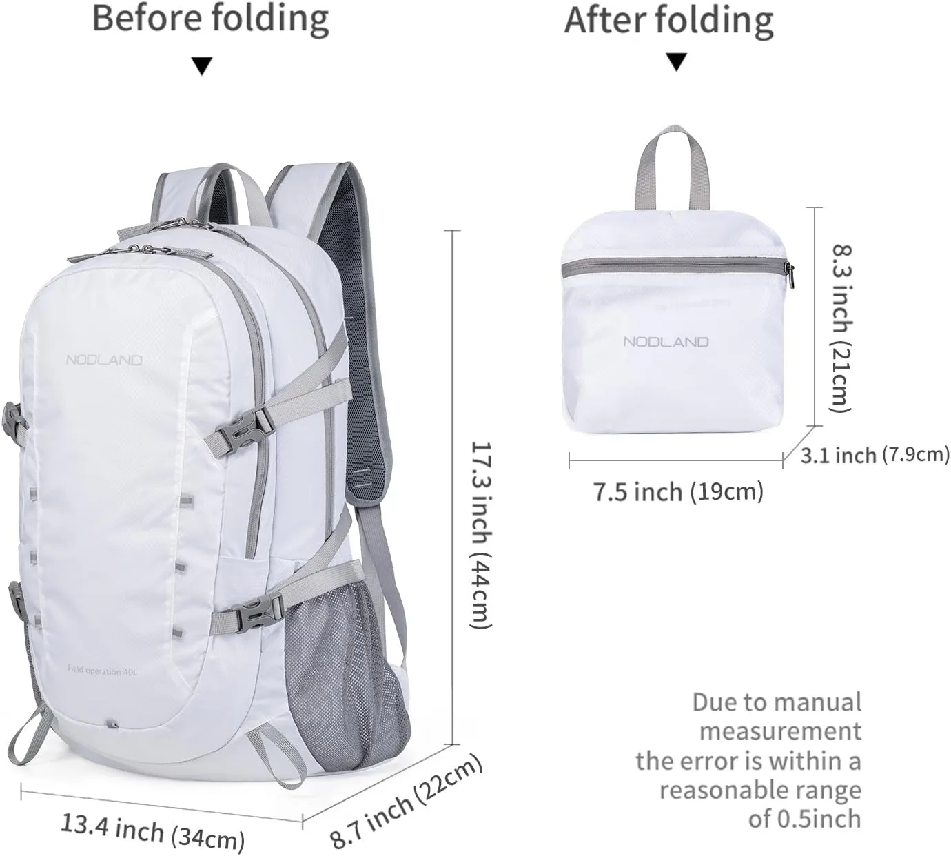 NODLAND Lightweight Backpack, Travel 40L Foldable Water-Resistant Daypack, Hiking Outdoor Camping Rucksack for Men Women
