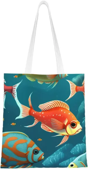 Ocean Underwater Fish Print Canvas Tote Bag Reusable Shoulder Shopping Bags For Daily Use Shopping Travel