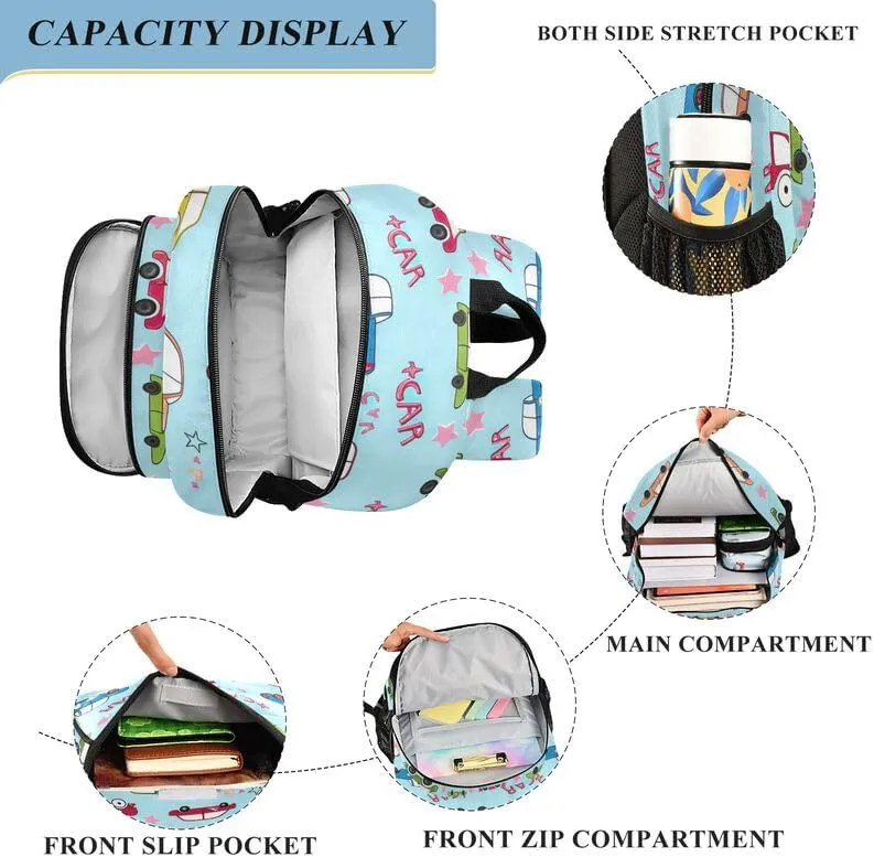 ODAWA Cartoon Cars Blue Kids Book Bag Large Capacity Lightweight Bookbags Girls Boys Backpack