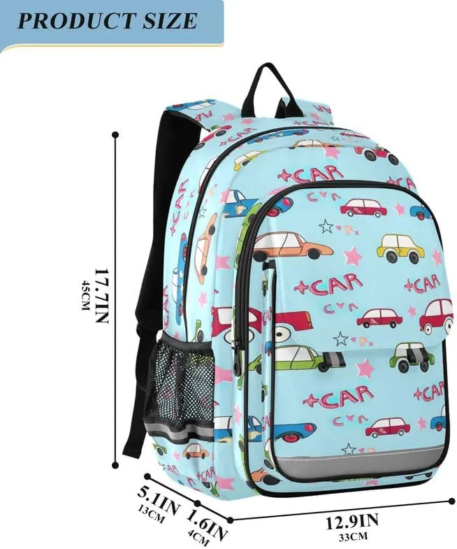 ODAWA Cartoon Cars Blue Kids Book Bag Large Capacity Lightweight Bookbags Girls Boys Backpack