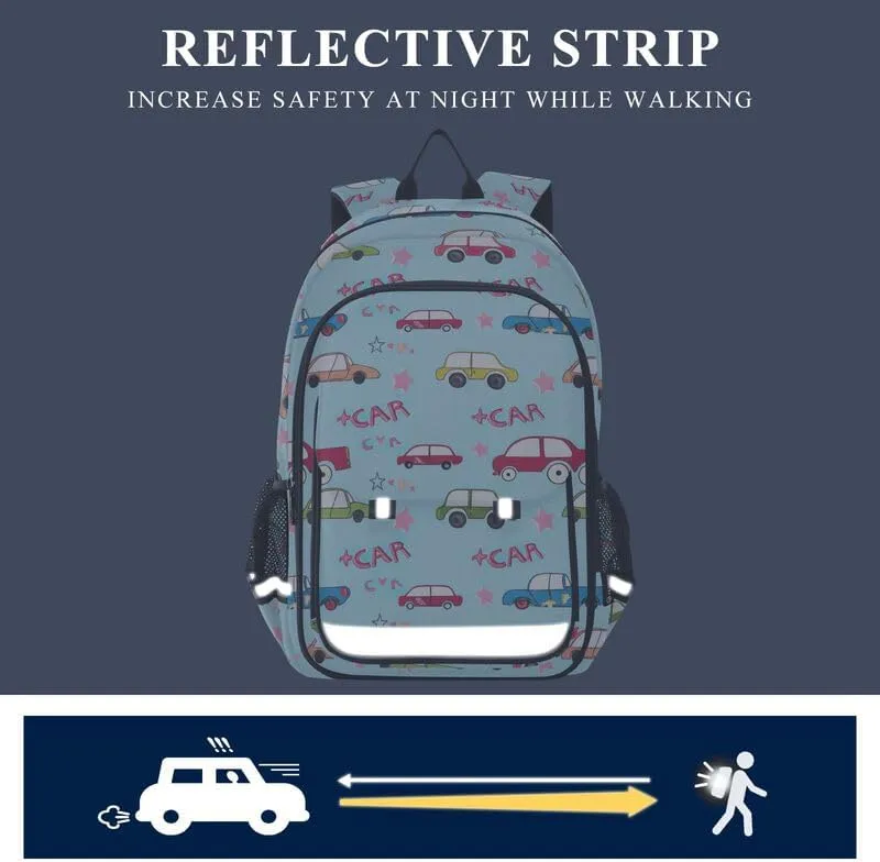 ODAWA Cartoon Cars Blue Kids Book Bag Large Capacity Lightweight Bookbags Girls Boys Backpack