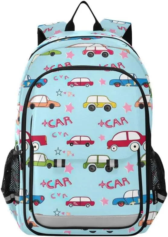 ODAWA Cartoon Cars Blue Kids Book Bag Large Capacity Lightweight Bookbags Girls Boys Backpack