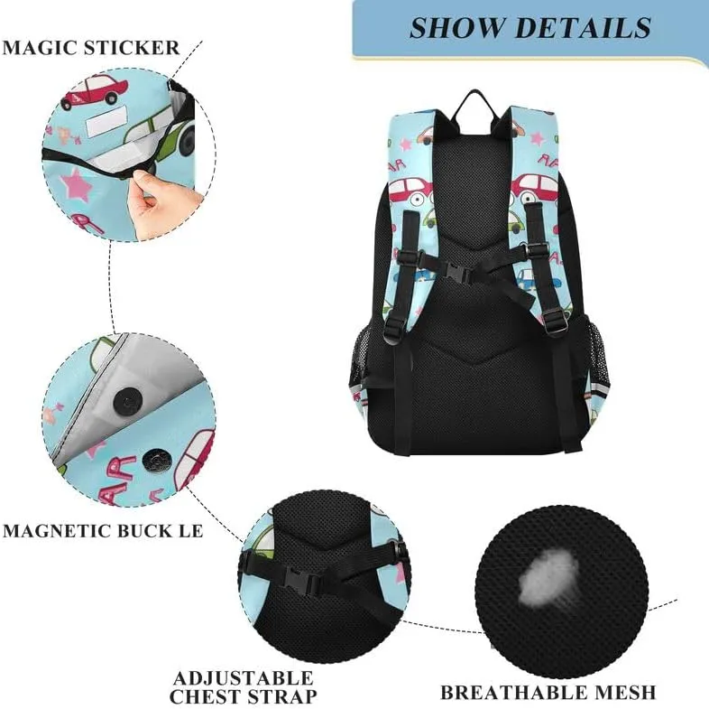 ODAWA Cartoon Cars Blue Kids Book Bag Large Capacity Lightweight Bookbags Girls Boys Backpack
