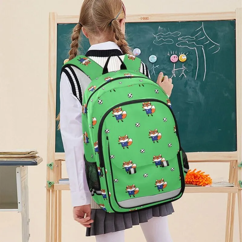 ODAWA Cute Foxes Soccer Green Bakcpack Daypack with Compartment & Multiple Pockets Kids Backpack Ages 6-12, 17 Inch