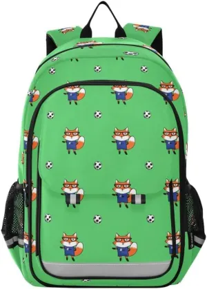 ODAWA Cute Foxes Soccer Green Bakcpack Daypack with Compartment & Multiple Pockets Kids Backpack Ages 6-12, 17 Inch