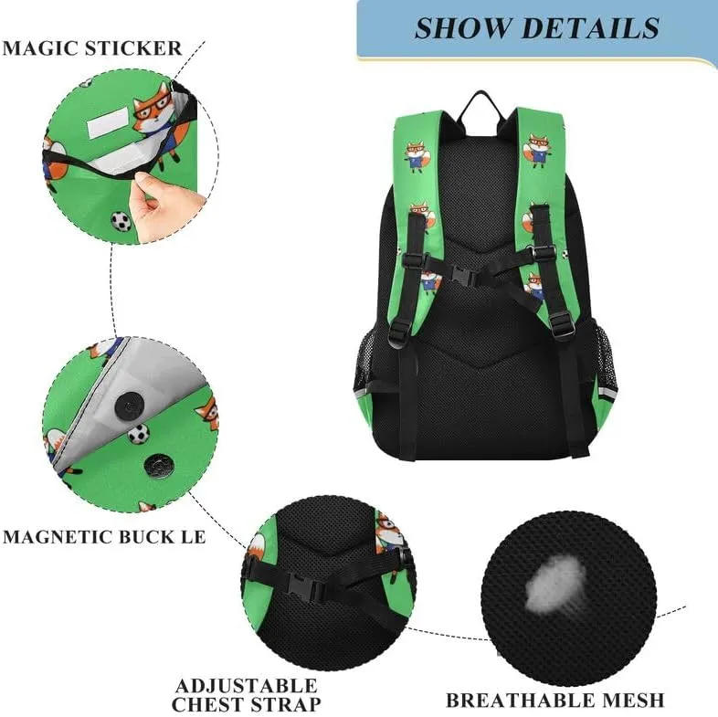 ODAWA Cute Foxes Soccer Green Bakcpack Daypack with Compartment & Multiple Pockets Kids Backpack Ages 6-12, 17 Inch