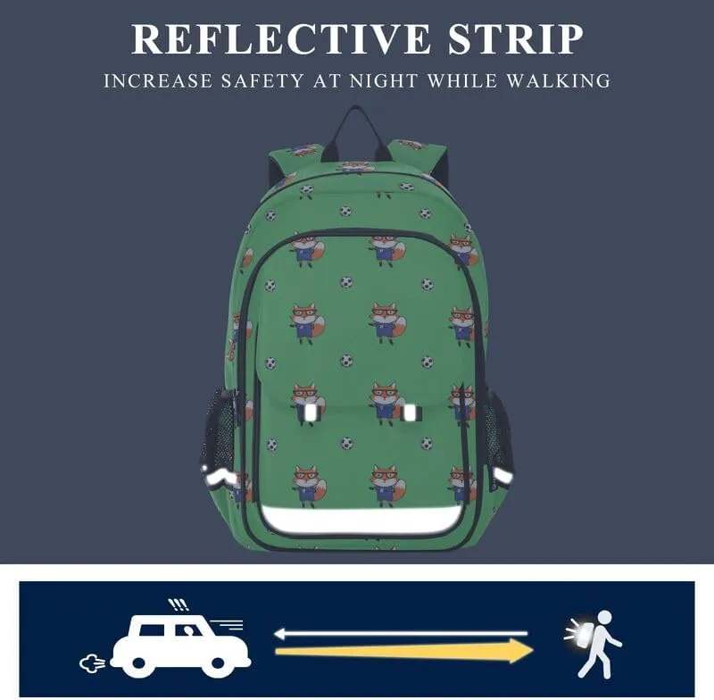 ODAWA Cute Foxes Soccer Green Bakcpack Daypack with Compartment & Multiple Pockets Kids Backpack Ages 6-12, 17 Inch