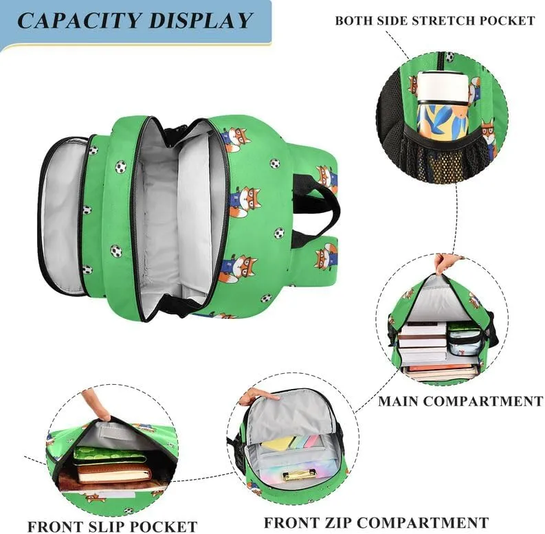 ODAWA Cute Foxes Soccer Green Bakcpack Daypack with Compartment & Multiple Pockets Kids Backpack Ages 6-12, 17 Inch