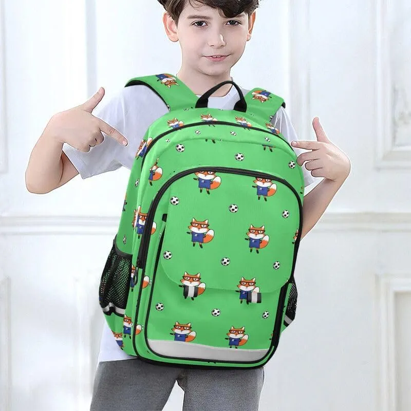 ODAWA Cute Foxes Soccer Green Bakcpack Daypack with Compartment & Multiple Pockets Kids Backpack Ages 6-12, 17 Inch
