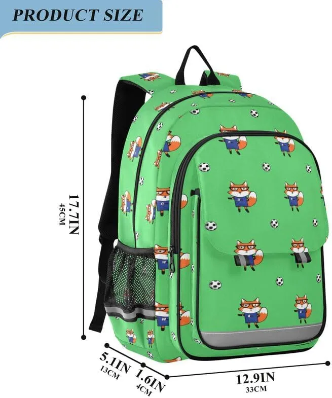 ODAWA Cute Foxes Soccer Green Bakcpack Daypack with Compartment & Multiple Pockets Kids Backpack Ages 6-12, 17 Inch