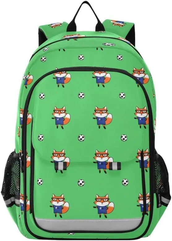 ODAWA Cute Foxes Soccer Green Bakcpack Daypack with Compartment & Multiple Pockets Kids Backpack Ages 6-12, 17 Inch