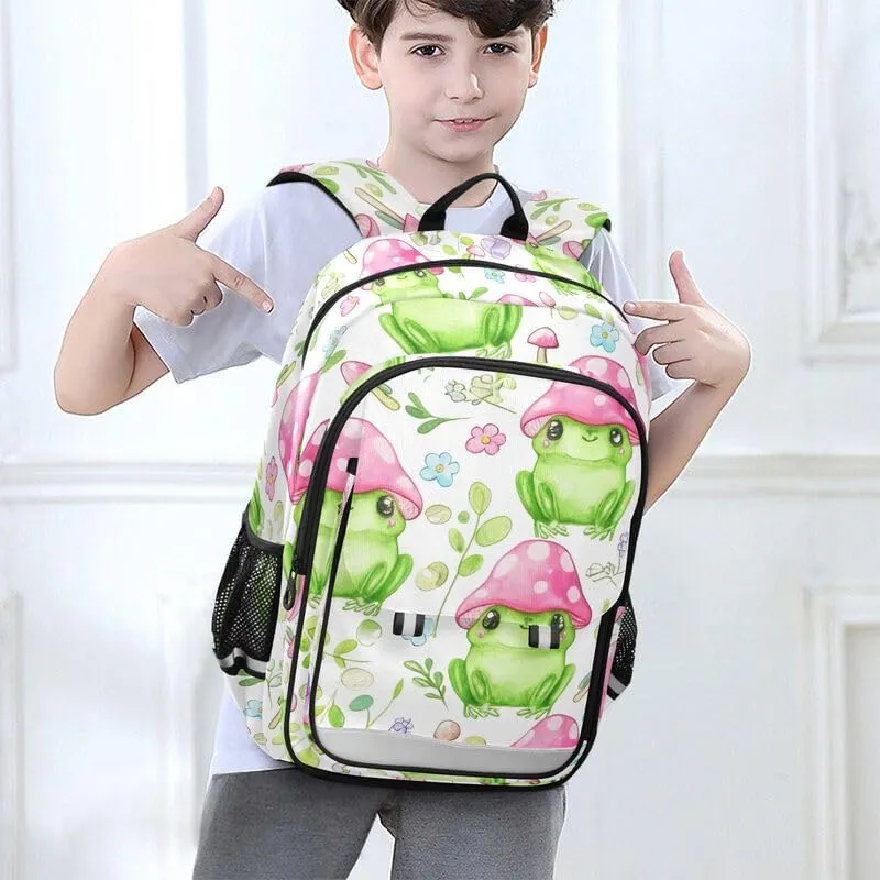 ODAWA Cute Green Frogs Mushroom Water Proof Back Pack Casual Daypack for Travel with Bottle Side Pockets Kids Backpack Ages 6-12