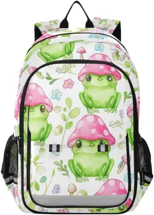 ODAWA Cute Green Frogs Mushroom Water Proof Back Pack Casual Daypack for Travel with Bottle Side Pockets Kids Backpack Ages 6-12