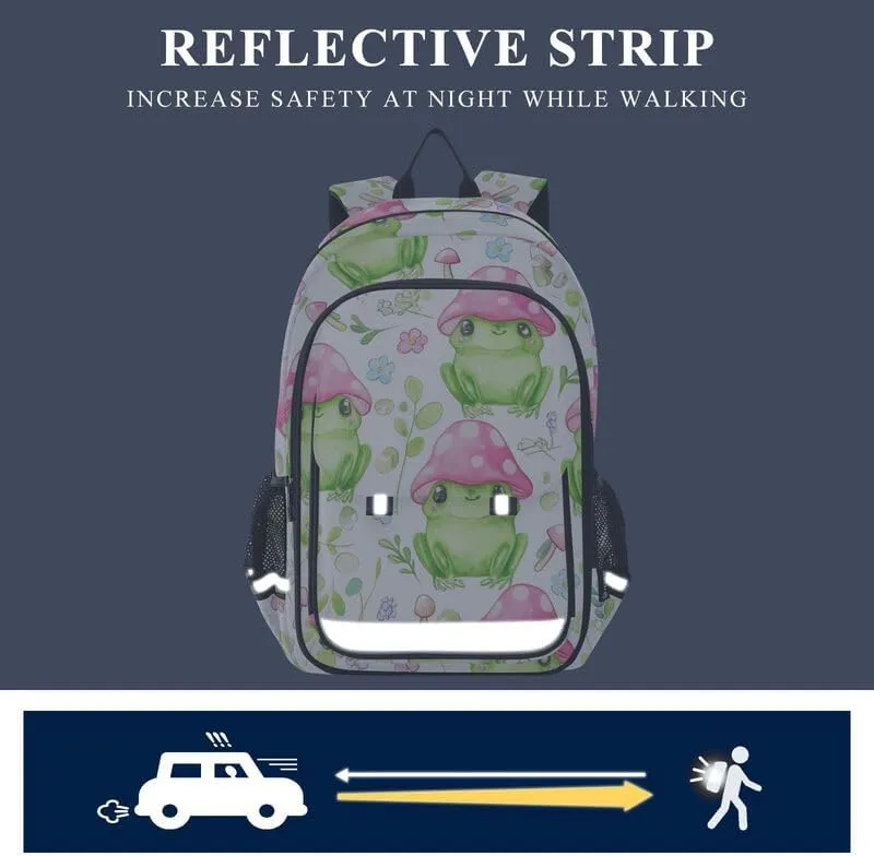 ODAWA Cute Green Frogs Mushroom Water Proof Back Pack Casual Daypack for Travel with Bottle Side Pockets Kids Backpack Ages 6-12