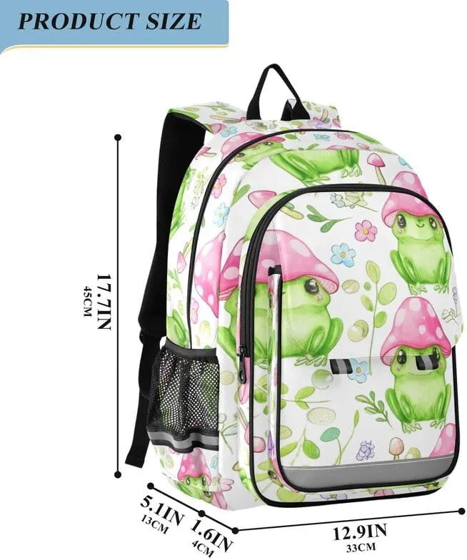 ODAWA Cute Green Frogs Mushroom Water Proof Back Pack Casual Daypack for Travel with Bottle Side Pockets Kids Backpack Ages 6-12