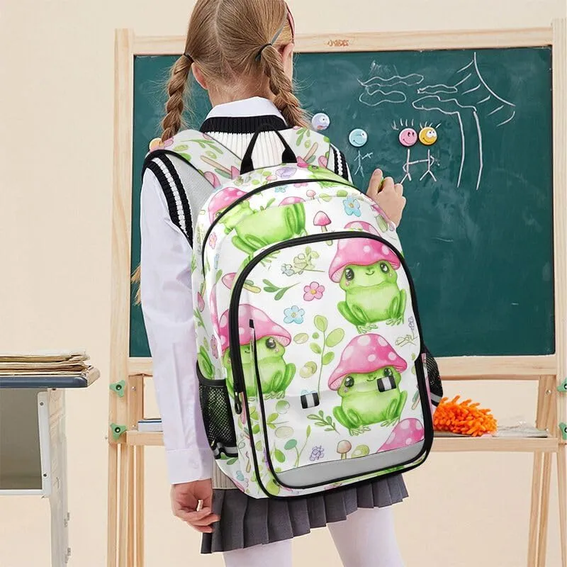 ODAWA Cute Green Frogs Mushroom Water Proof Back Pack Casual Daypack for Travel with Bottle Side Pockets Kids Backpack Ages 6-12