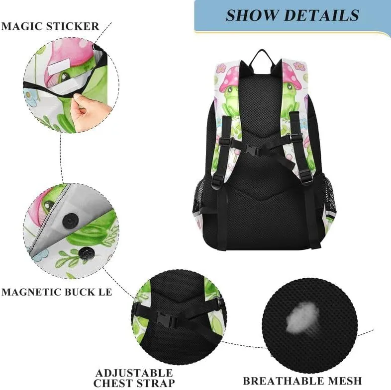 ODAWA Cute Green Frogs Mushroom Water Proof Back Pack Casual Daypack for Travel with Bottle Side Pockets Kids Backpack Ages 6-12
