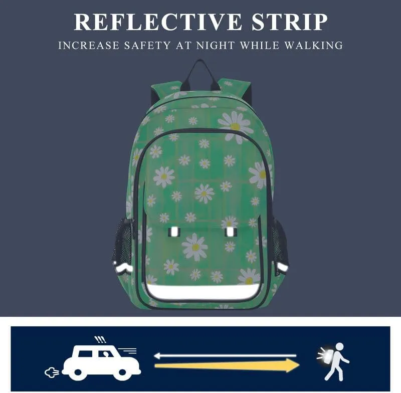 ODAWA Daisies Green Plaid Backpack for Teen Girls Bookbag for Students Work Travel Kids Backpack Ages 6-12