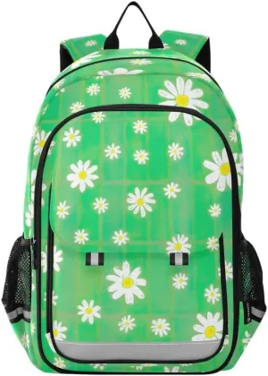 ODAWA Daisies Green Plaid Backpack for Teen Girls Bookbag for Students Work Travel Kids Backpack Ages 6-12