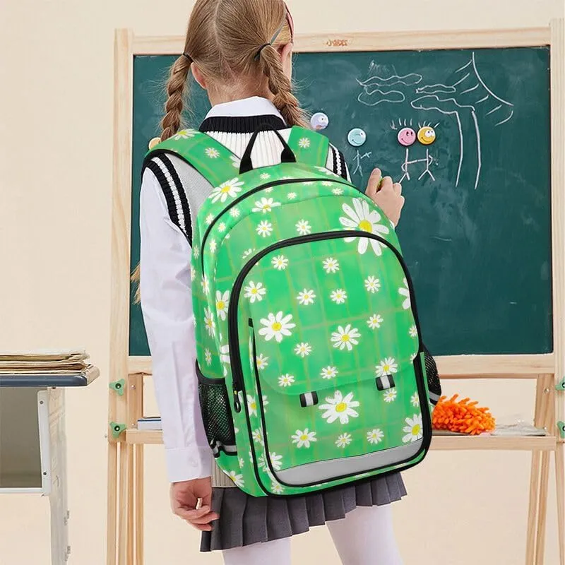ODAWA Daisies Green Plaid Backpack for Teen Girls Bookbag for Students Work Travel Kids Backpack Ages 6-12