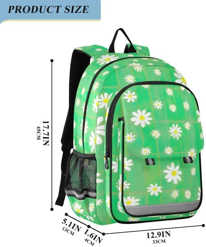 ODAWA Daisies Green Plaid Backpack for Teen Girls Bookbag for Students Work Travel Kids Backpack Ages 6-12