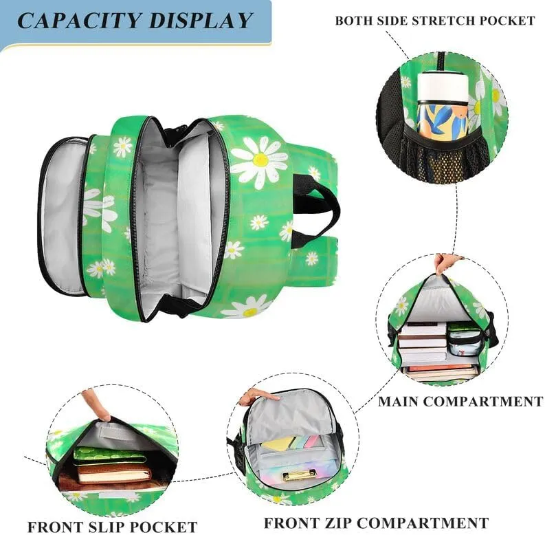 ODAWA Daisies Green Plaid Backpack for Teen Girls Bookbag for Students Work Travel Kids Backpack Ages 6-12