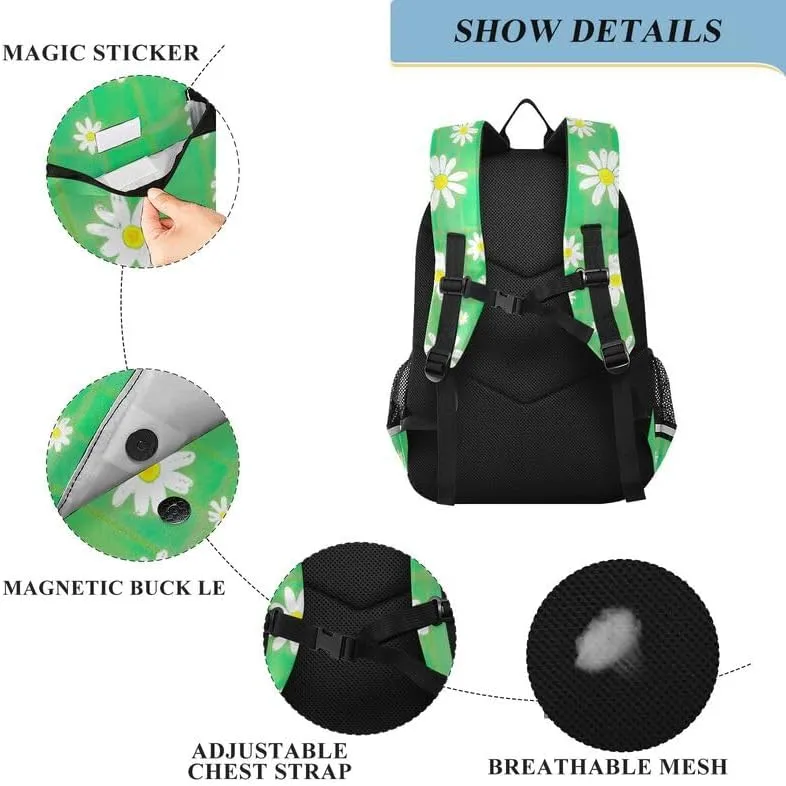 ODAWA Daisies Green Plaid Backpack for Teen Girls Bookbag for Students Work Travel Kids Backpack Ages 6-12