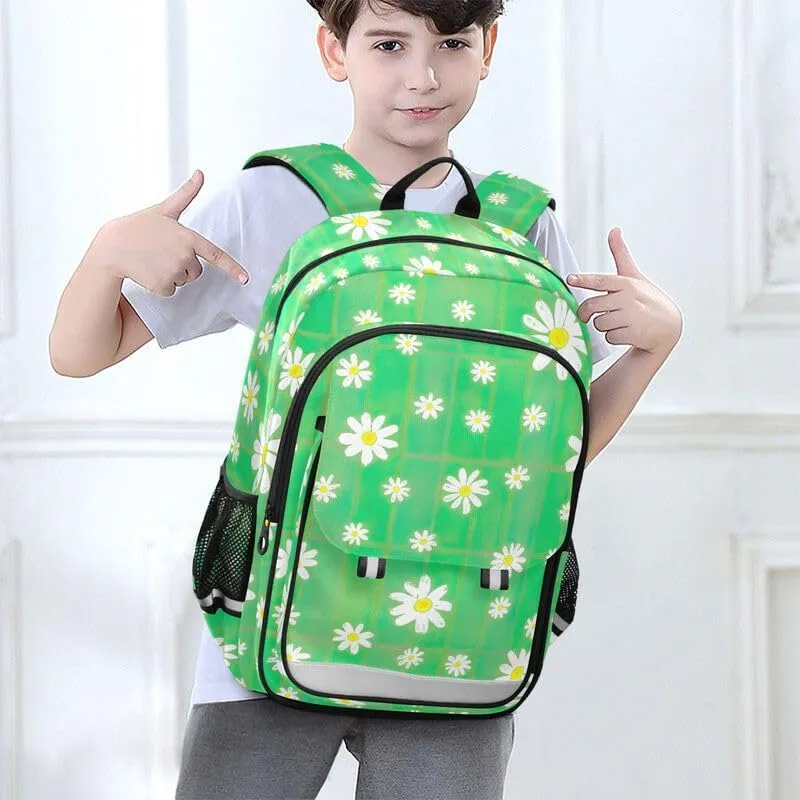 ODAWA Daisies Green Plaid Backpack for Teen Girls Bookbag for Students Work Travel Kids Backpack Ages 6-12
