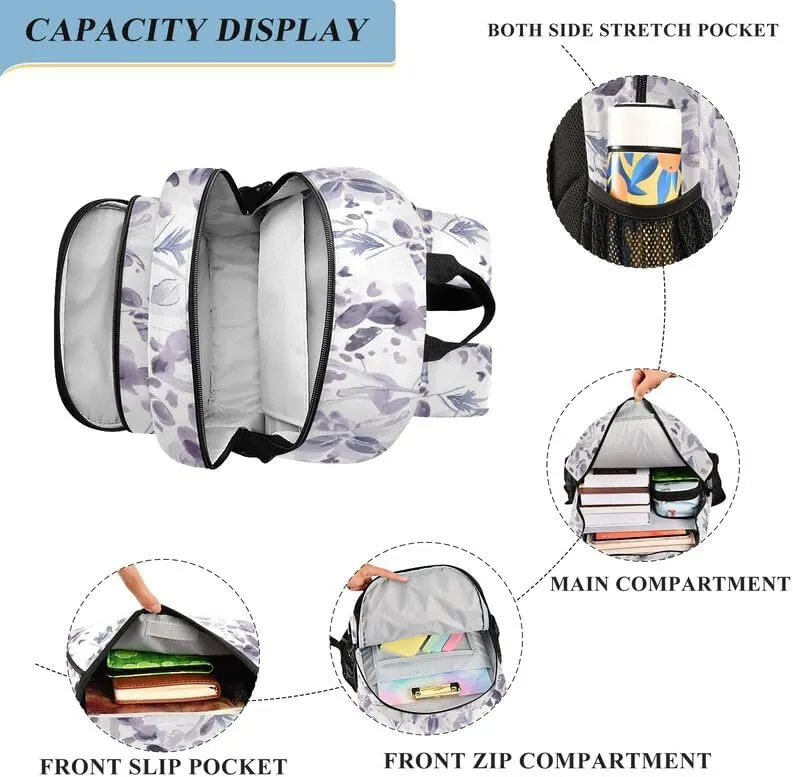 ODAWA Floral Watercolor Bakcpack Daypack with Compartment & Multiple Pockets Kids Backpack Ages 6-12, 17 Inch