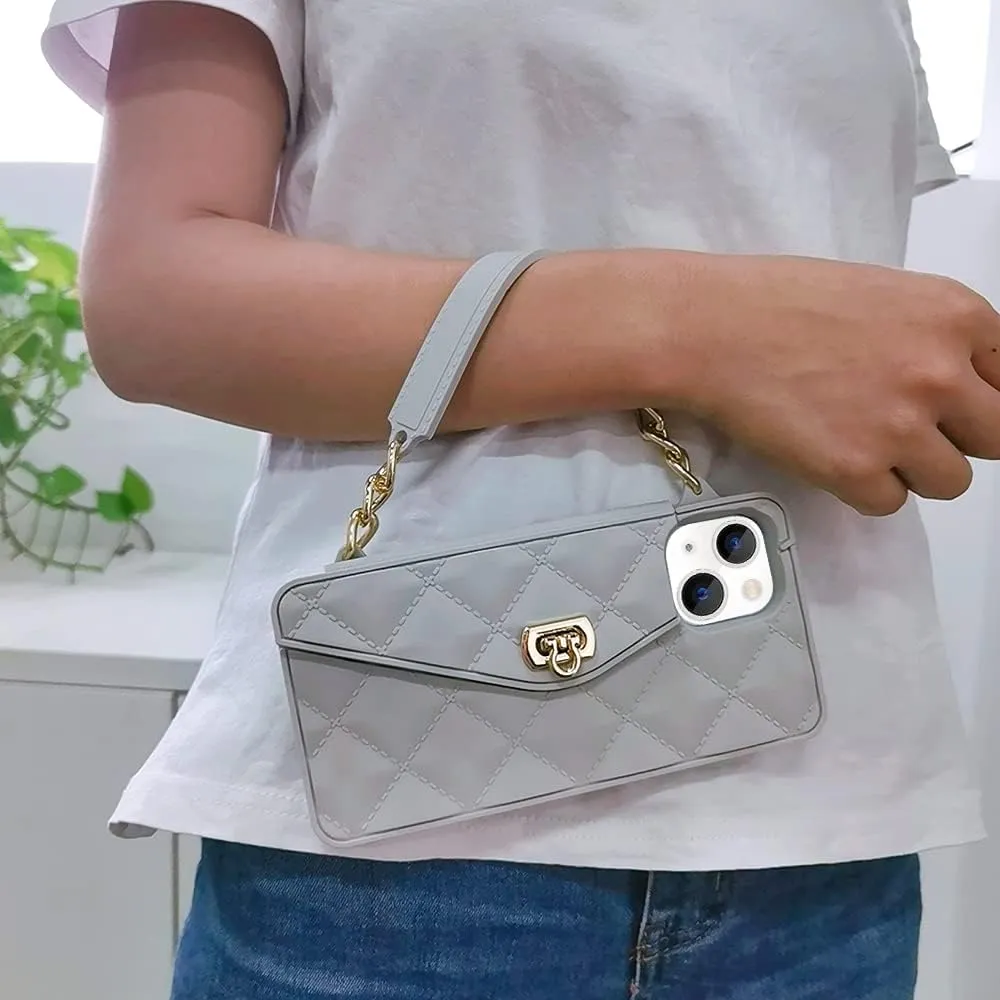 Omio for iPhone 13 Handbag Case with Flip Card Holder Wrist Lanyard Strap Soft Silicone Cover for iPhone 13 Wallet Case for Women Luxury Stylish Long Pearl Crossbody Chain Case Gray