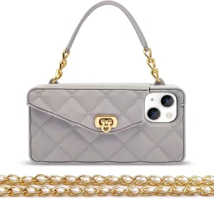 Omio for iPhone 13 Handbag Case with Flip Card Holder Wrist Lanyard Strap Soft Silicone Cover for iPhone 13 Wallet Case for Women Luxury Stylish Long Pearl Crossbody Chain Case Gray