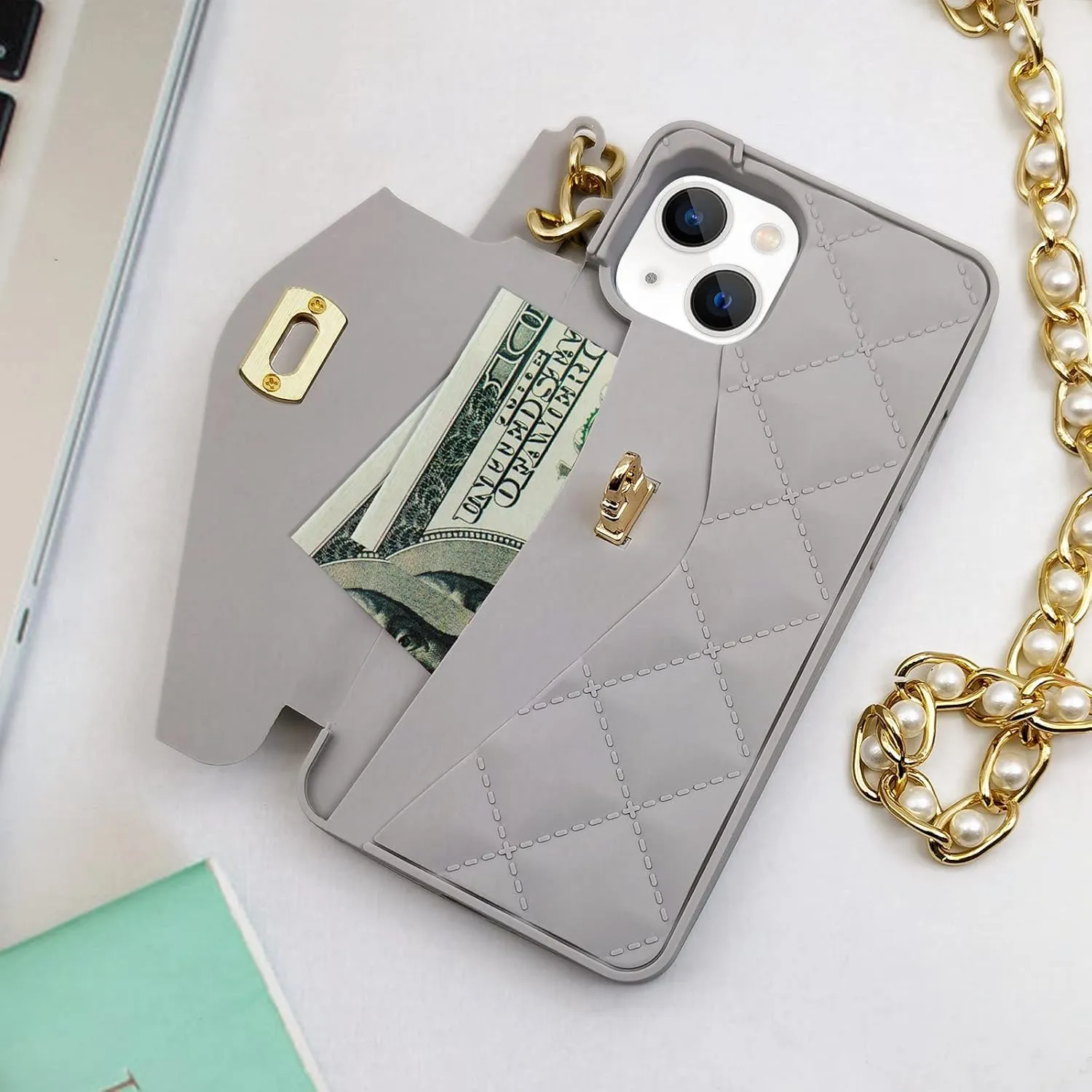 Omio for iPhone 13 Handbag Case with Flip Card Holder Wrist Lanyard Strap Soft Silicone Cover for iPhone 13 Wallet Case for Women Luxury Stylish Long Pearl Crossbody Chain Case Gray