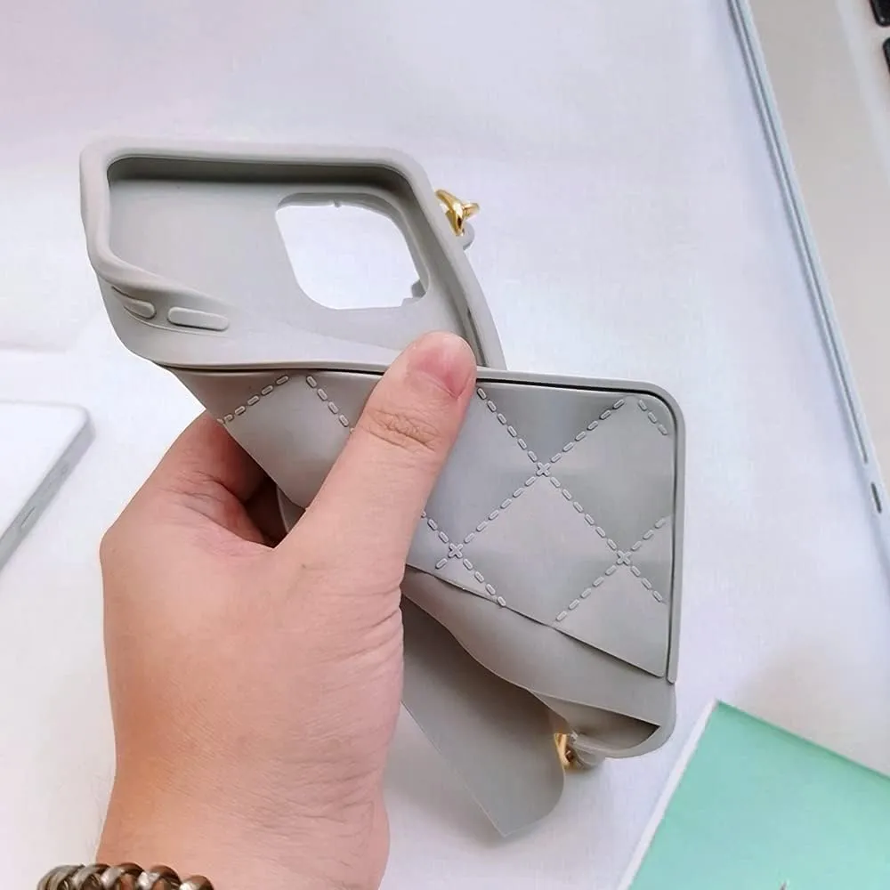 Omio for iPhone 13 Handbag Case with Flip Card Holder Wrist Lanyard Strap Soft Silicone Cover for iPhone 13 Wallet Case for Women Luxury Stylish Long Pearl Crossbody Chain Case Gray