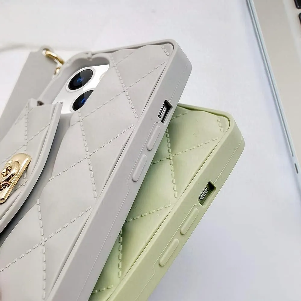 Omio for iPhone 13 Handbag Case with Flip Card Holder Wrist Lanyard Strap Soft Silicone Cover for iPhone 13 Wallet Case for Women Luxury Stylish Long Pearl Crossbody Chain Case Gray